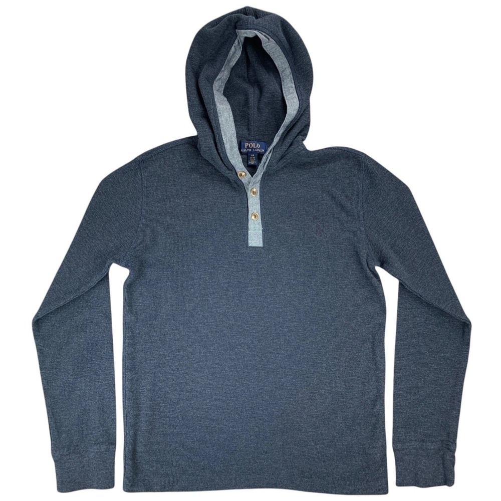 Polo Ralph Lauren Boys L 14-16 Navy Blue Waffle Knit Henley Pullover Hoodie